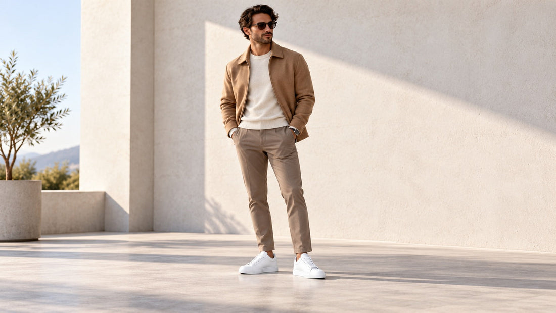 Standing man wearing Kosen Mercury White elevator sneakers with a camel jacket, ivory knitwear and tailored autumn trousers.
