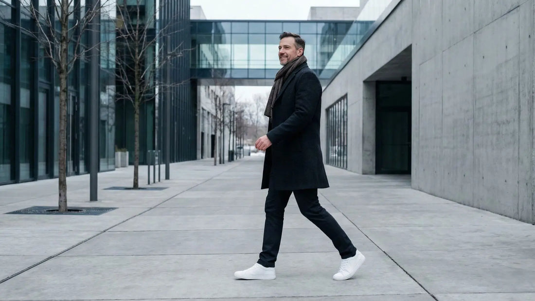 Person wearing a dark coat and sneakers on a city street.