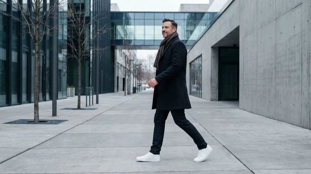 Person wearing a dark coat and sneakers on a city street.