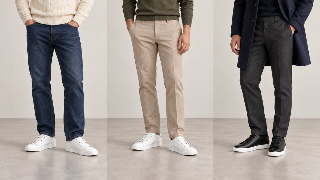 Three autumn outfits with Kosen elevator sneakers: cream knitwear with jeans, olive knitwear with beige wool trousers, and a navy coat with dark trousers.