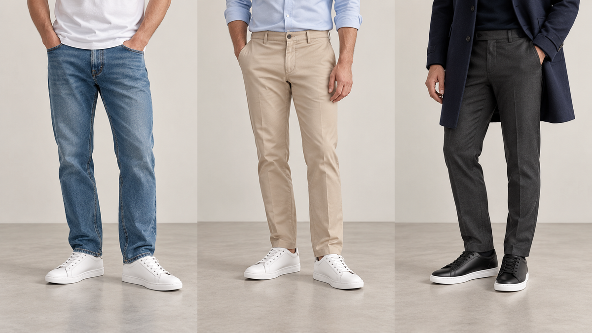 Three outfit ideas with elevator sneakers: blue jeans and white shoes, beige chinos and white shoes, and dark trousers with black shoes.