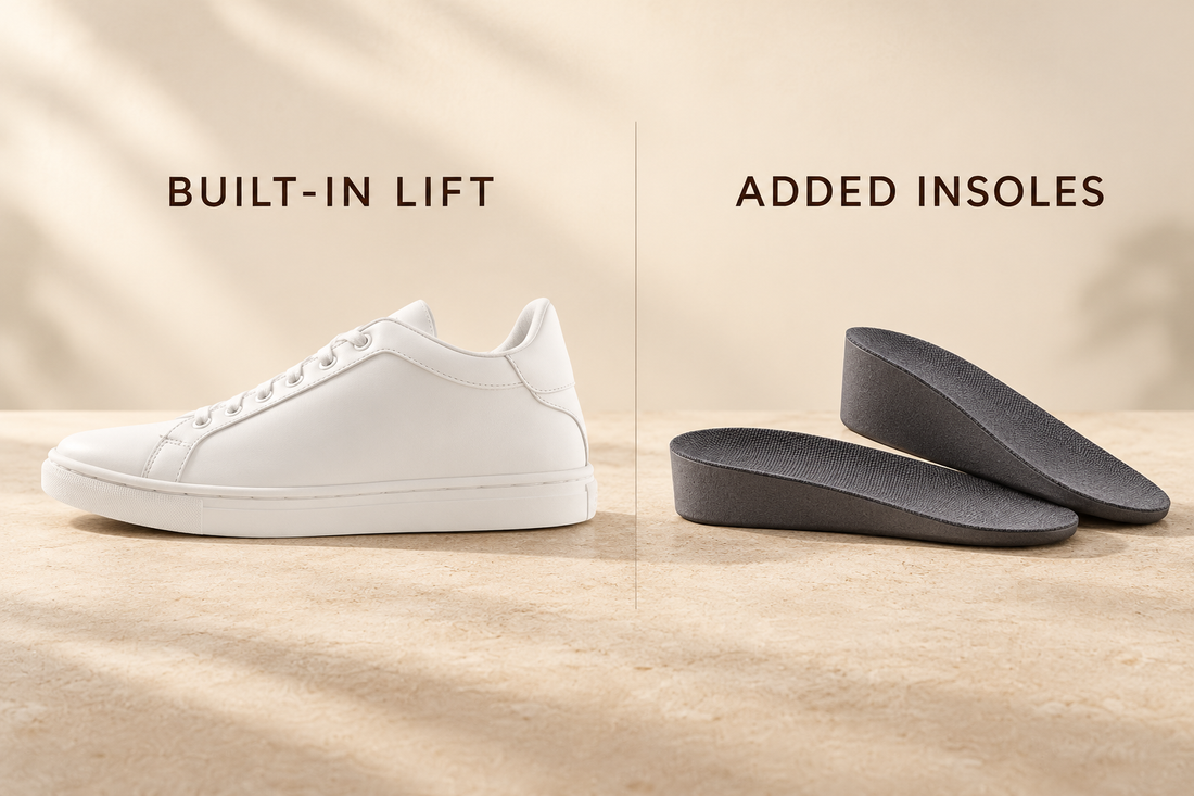 Kosen Mercury White elevator sneaker beside illustrative separate heel-lift insoles, labelled built-in lift and added insoles.