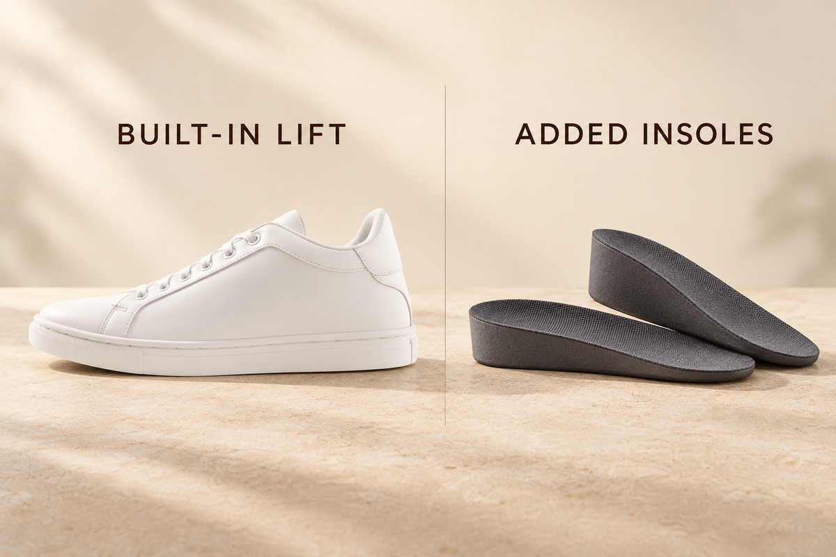 Kosen Mercury White elevator sneaker beside illustrative separate heel-lift insoles, labelled built-in lift and added insoles.
