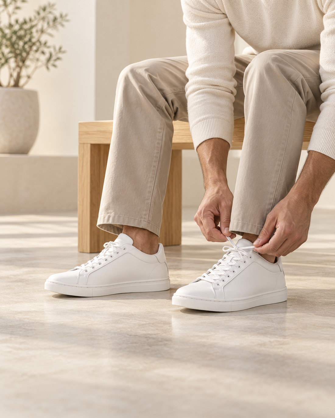 A man adjusting the laces of white Kosen sneakers while seated on a bench.