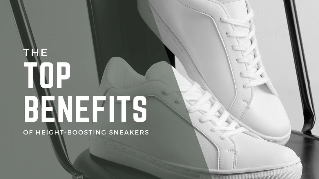 White low-top sneakers with a graphic introducing the benefits of height-boosting sneakers.