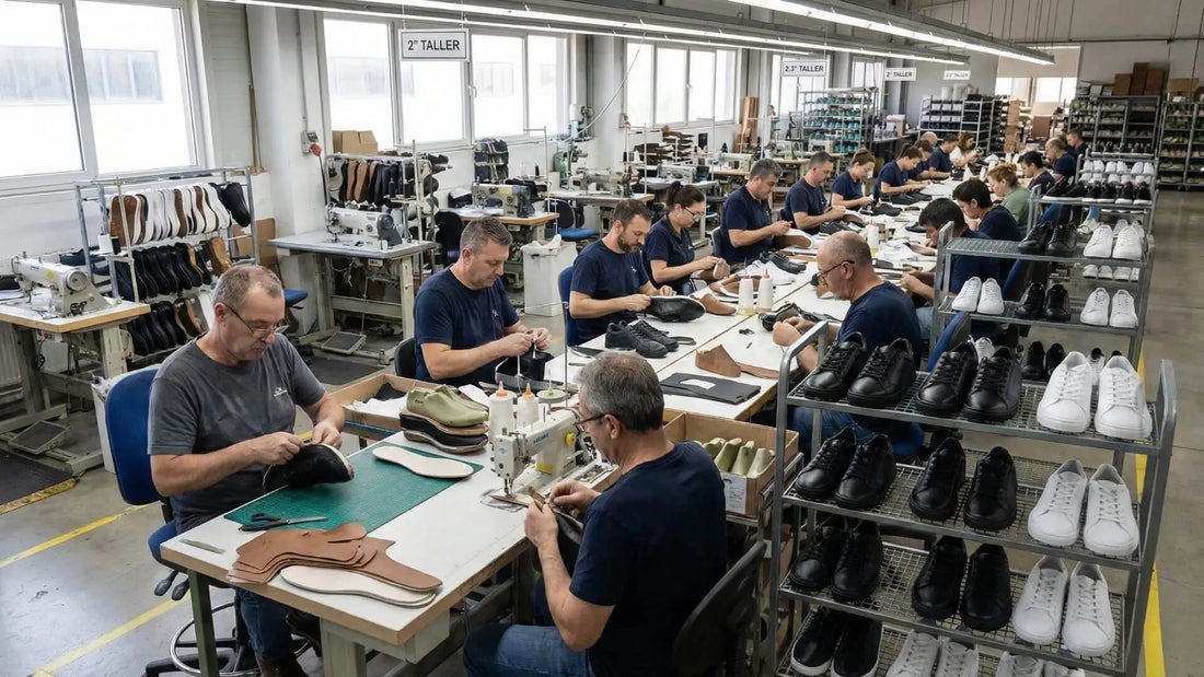 Shoe-making workshop scene with people at workbenches and shelves of sneakers.