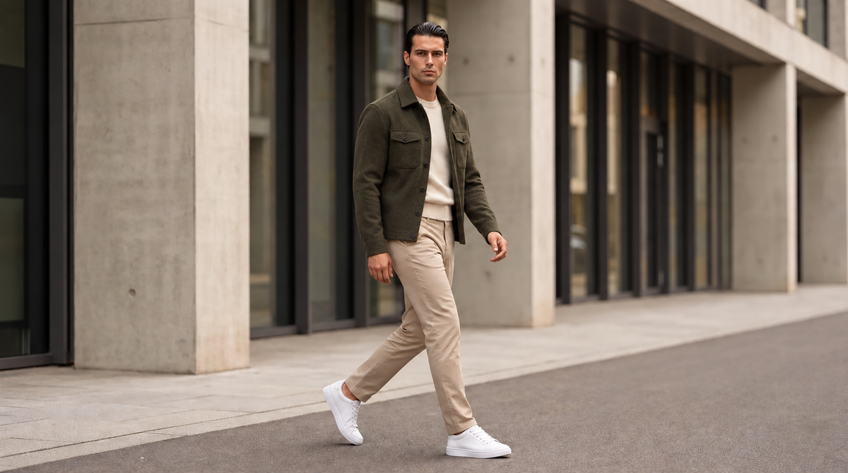 Man wearing Kosen Mercury White elevator sneakers with an olive wool jacket, cream knitwear and tailored beige trousers.
