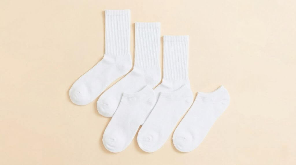 Three white crew-length socks and three white no-show socks arranged in a flat lay on a beige background.