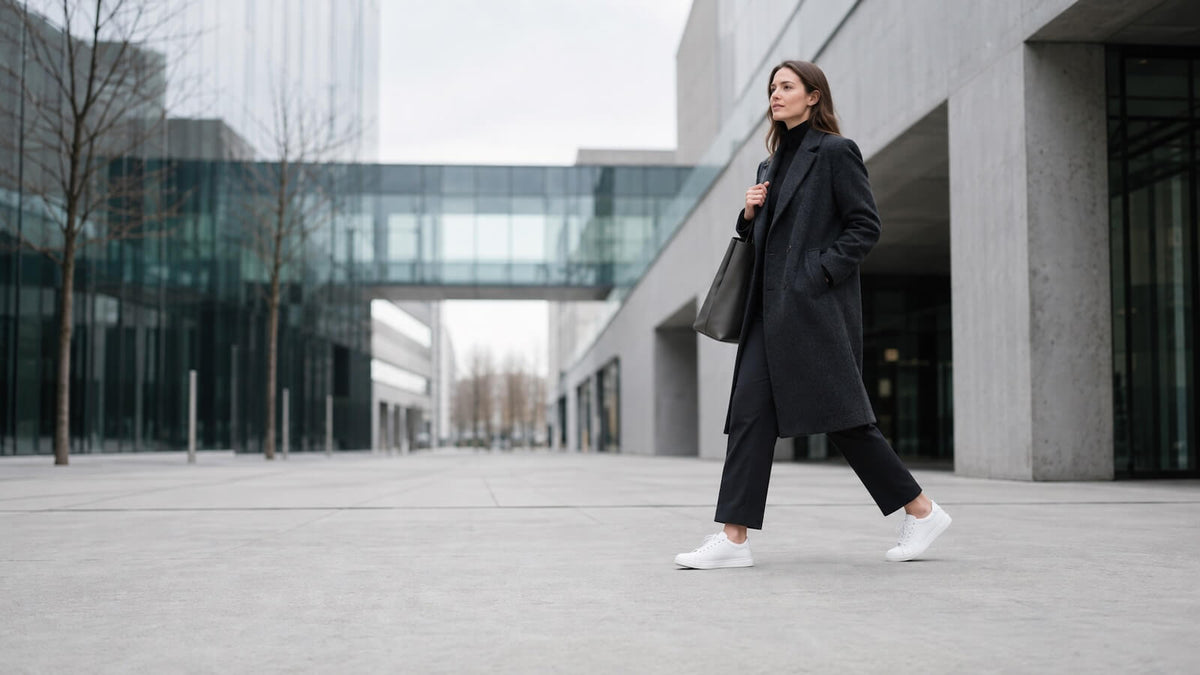 Confident woman walking in minimalist white elevator sneakers in a modern urban architectural setting.