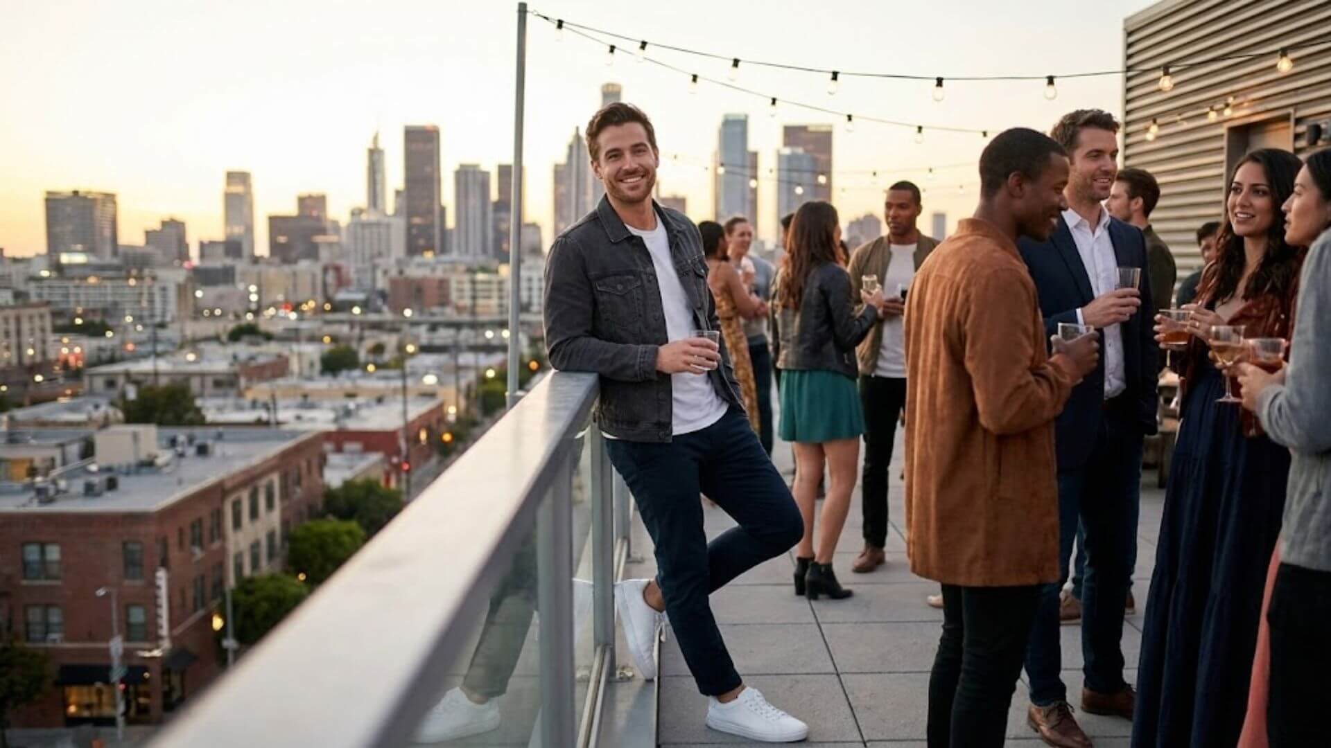 Man wearing Kosen shoes looking confident at a rooftop party