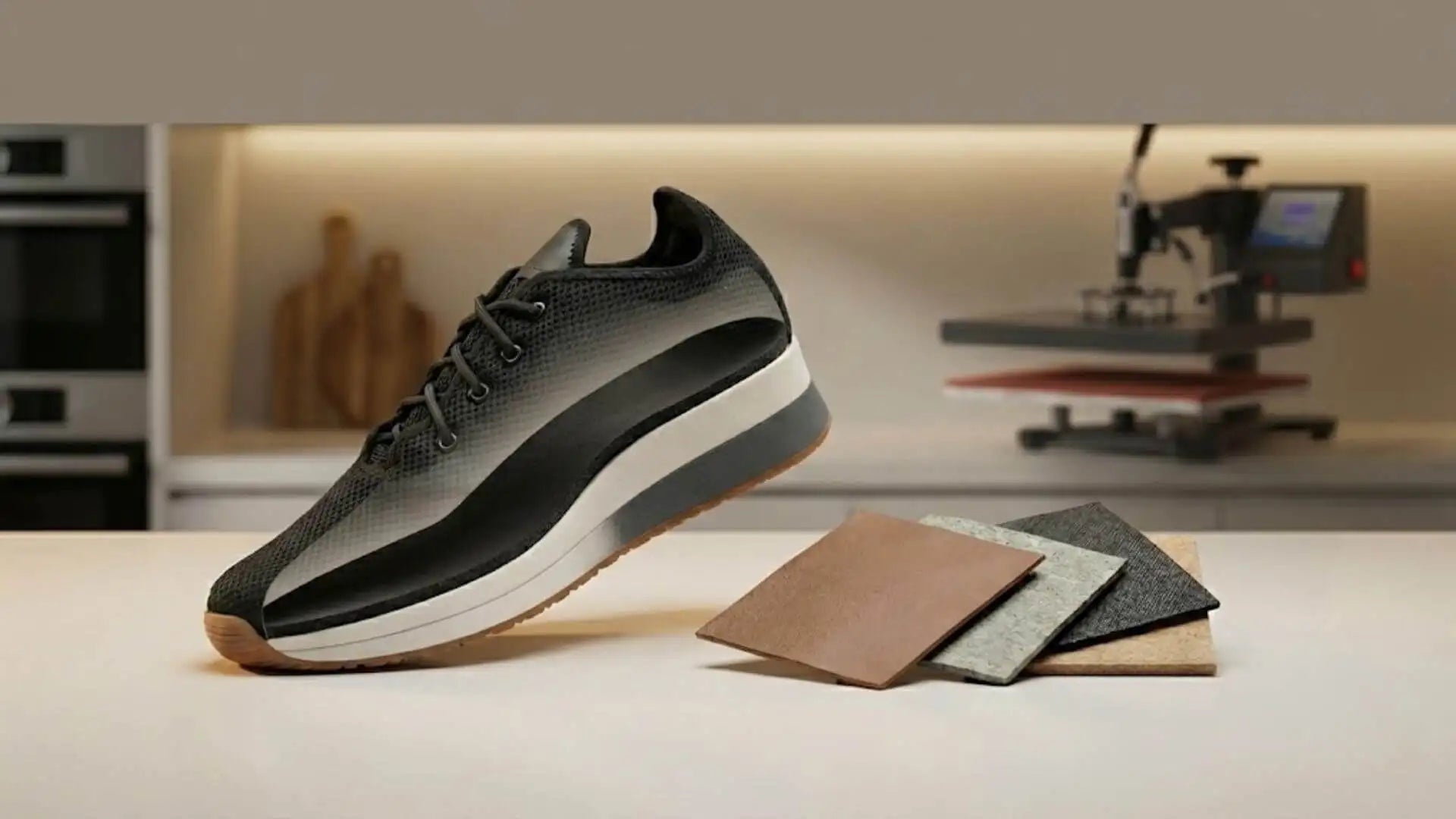 Black and white sneaker with a mesh upper, rubber sole, and layered design.