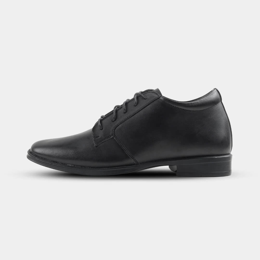 Side view of Jupiter Black elevator dress shoes. Sharp black formal height increasing shoes with 2.3 inch lift.
