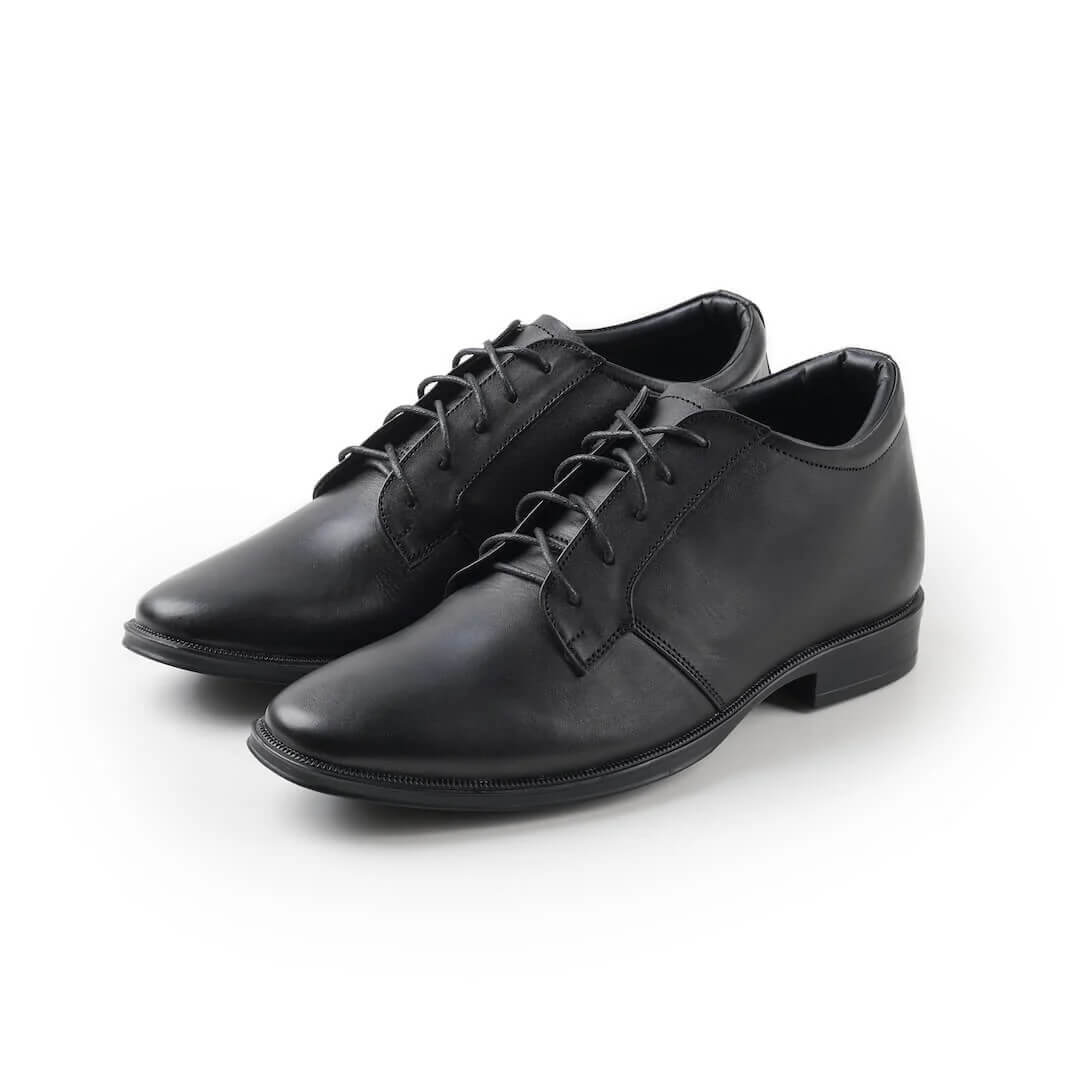 Pair of Jupiter Black elevator dress shoes. Classic black formal shoes with invisible height increase.
