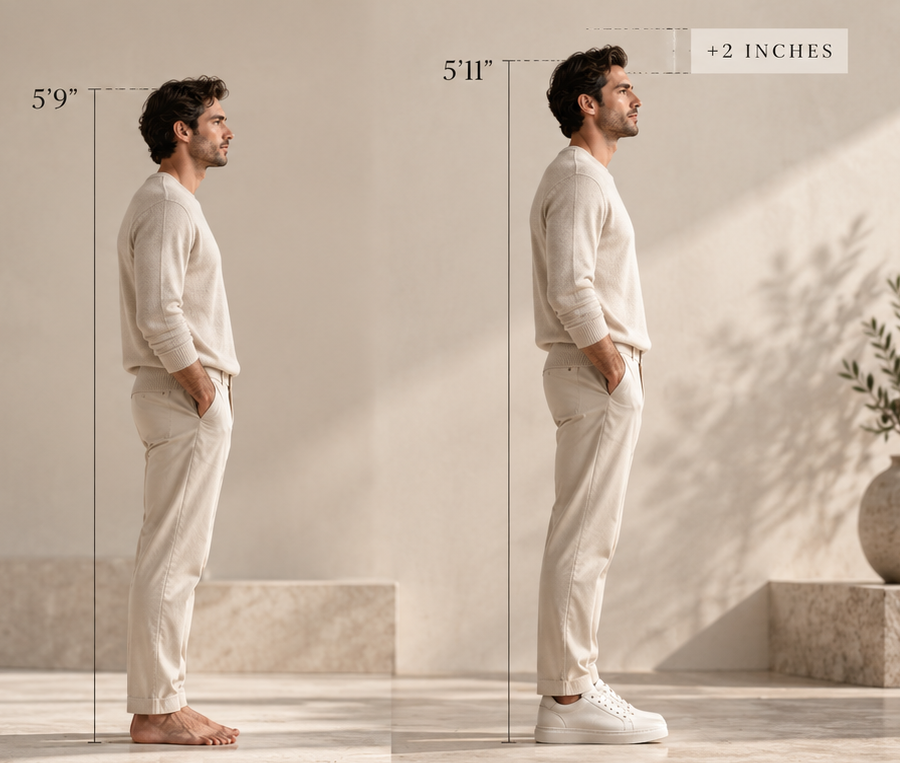 Illustrative comparison of the same man barefoot and wearing white height-boosting sneakers