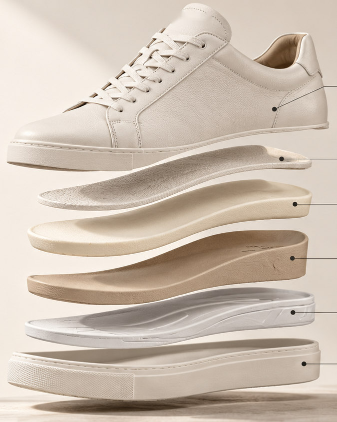 Illustration of exploded sneaker construction with a blank unbranded tongue and six layers