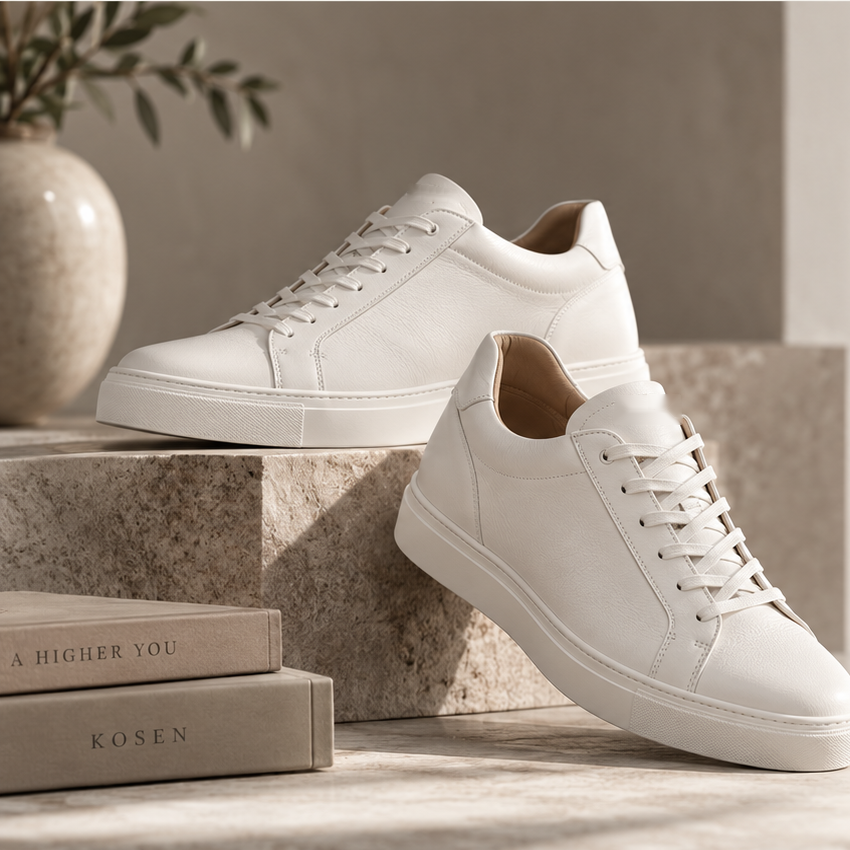 Two cream elevator sneakers on stone blocks with completely unbranded, blank tongues