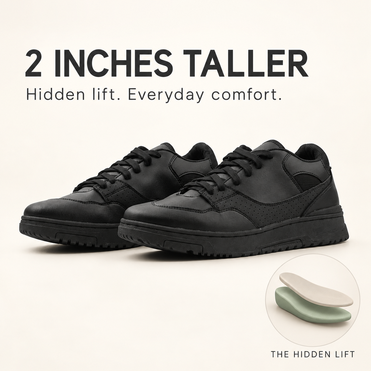 Mars Black sneakers with 2-inch height boost and Kosen hidden insole layers