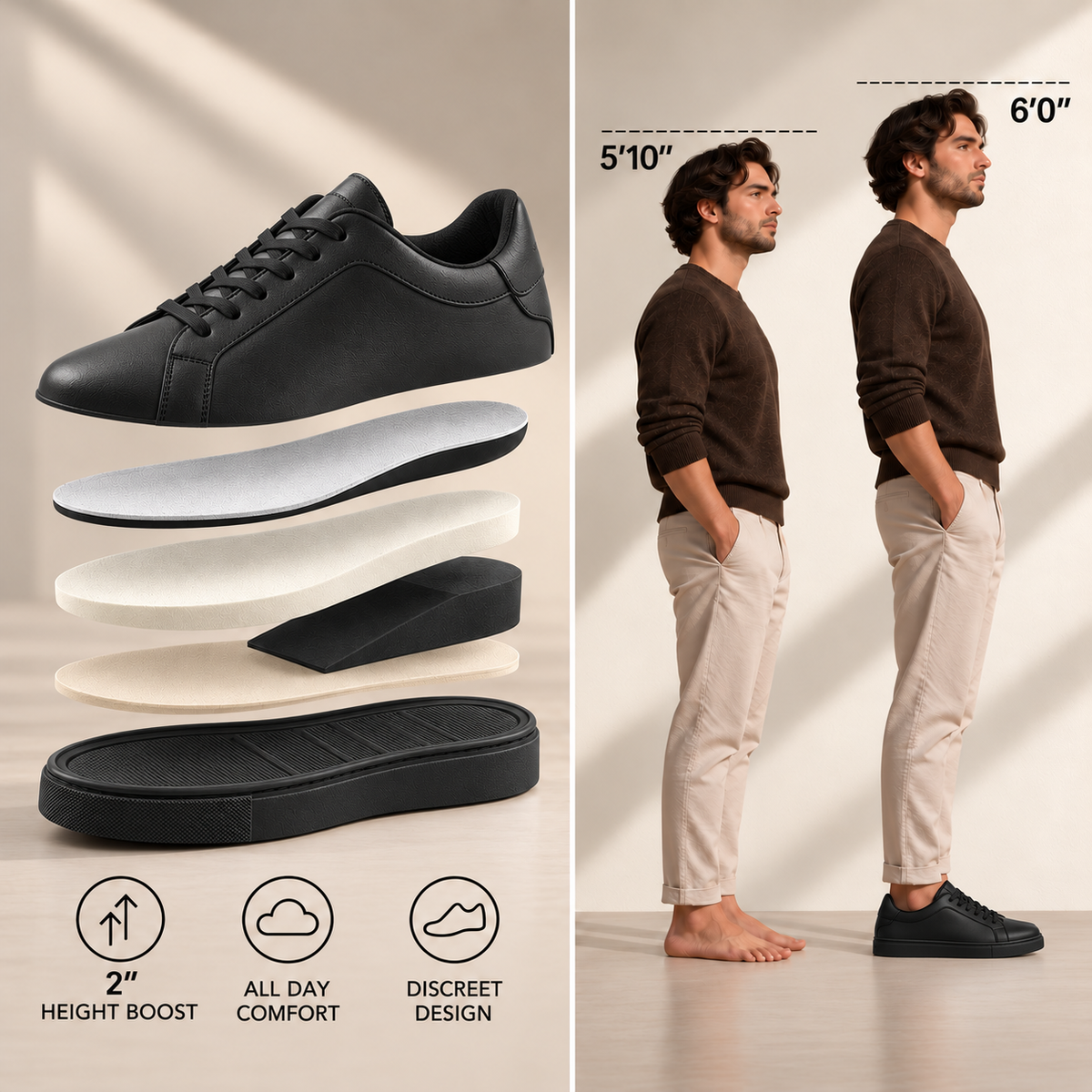 Mercury all black hidden 2-inch height boost, internal cushioning layers, and before-and-after height comparison