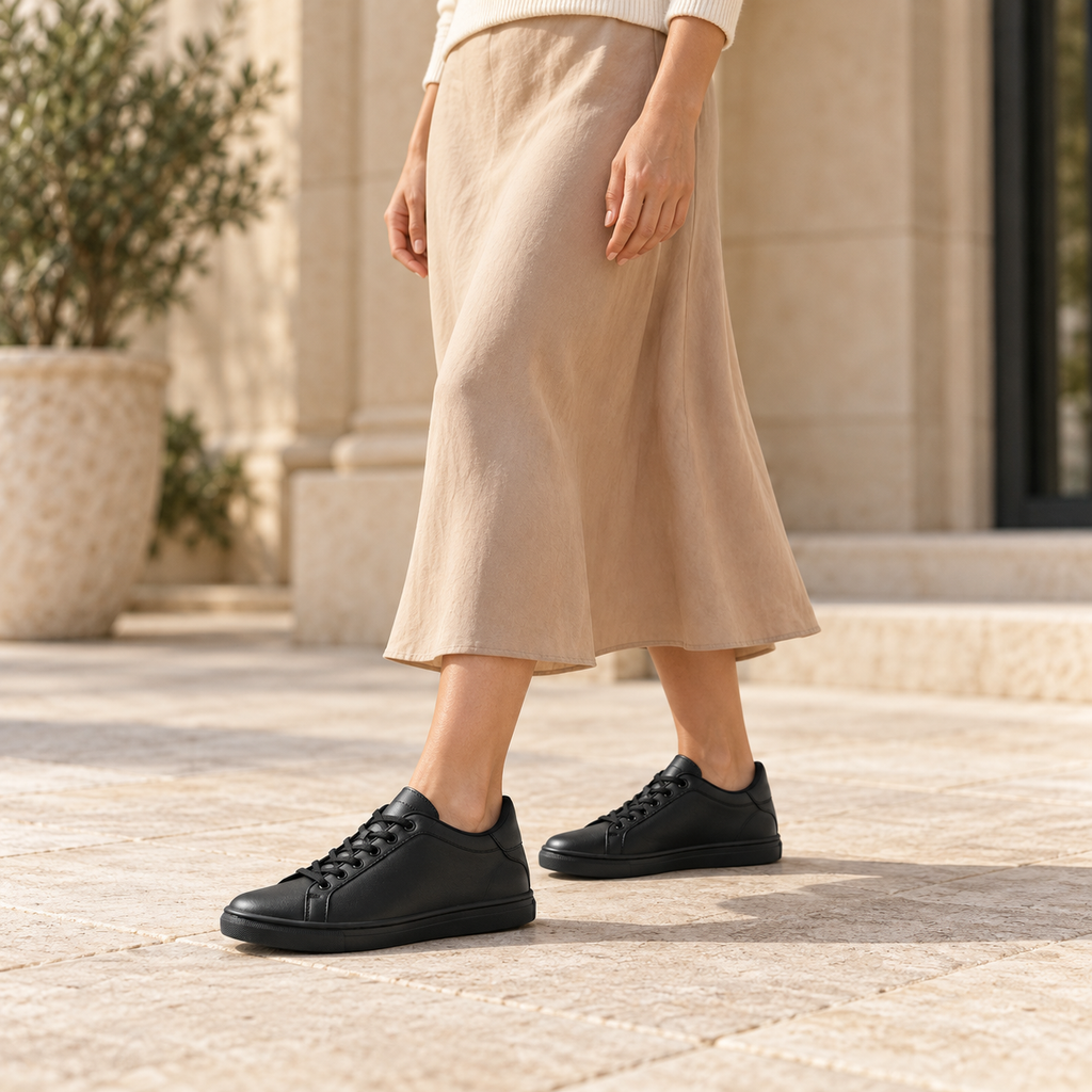 Woman wearing Kosen Mercury All Black elevator sneakers.