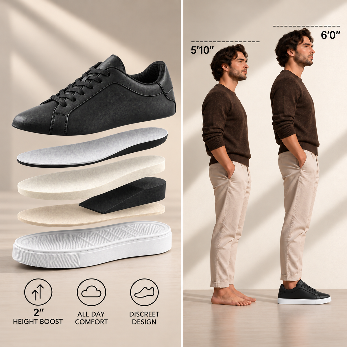 Mercury black hidden 2-inch height boost, internal cushioning layers, and before-and-after height comparison
