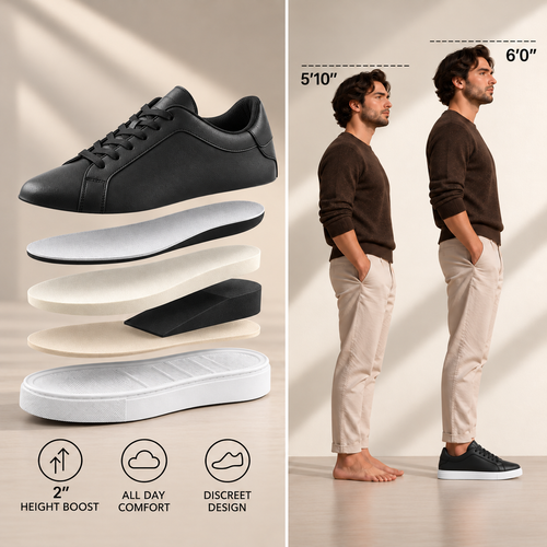 Mercury black hidden 2-inch height boost, internal cushioning layers, and before-and-after height comparison