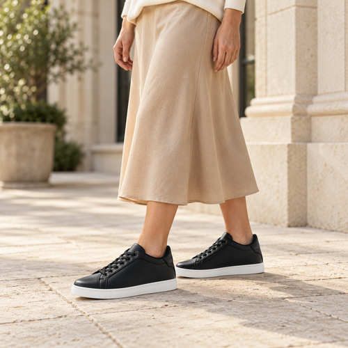 Woman wearing Kosen Mercury Black elevator sneakers.
