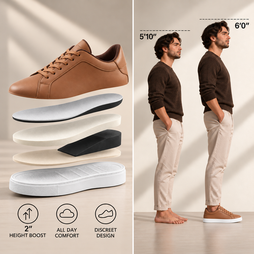 Mercury brown hidden 2-inch height boost, internal cushioning layers, and before-and-after height comparison