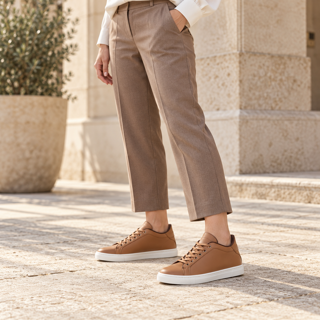 Woman wearing Kosen Mercury Brown elevator sneakers.