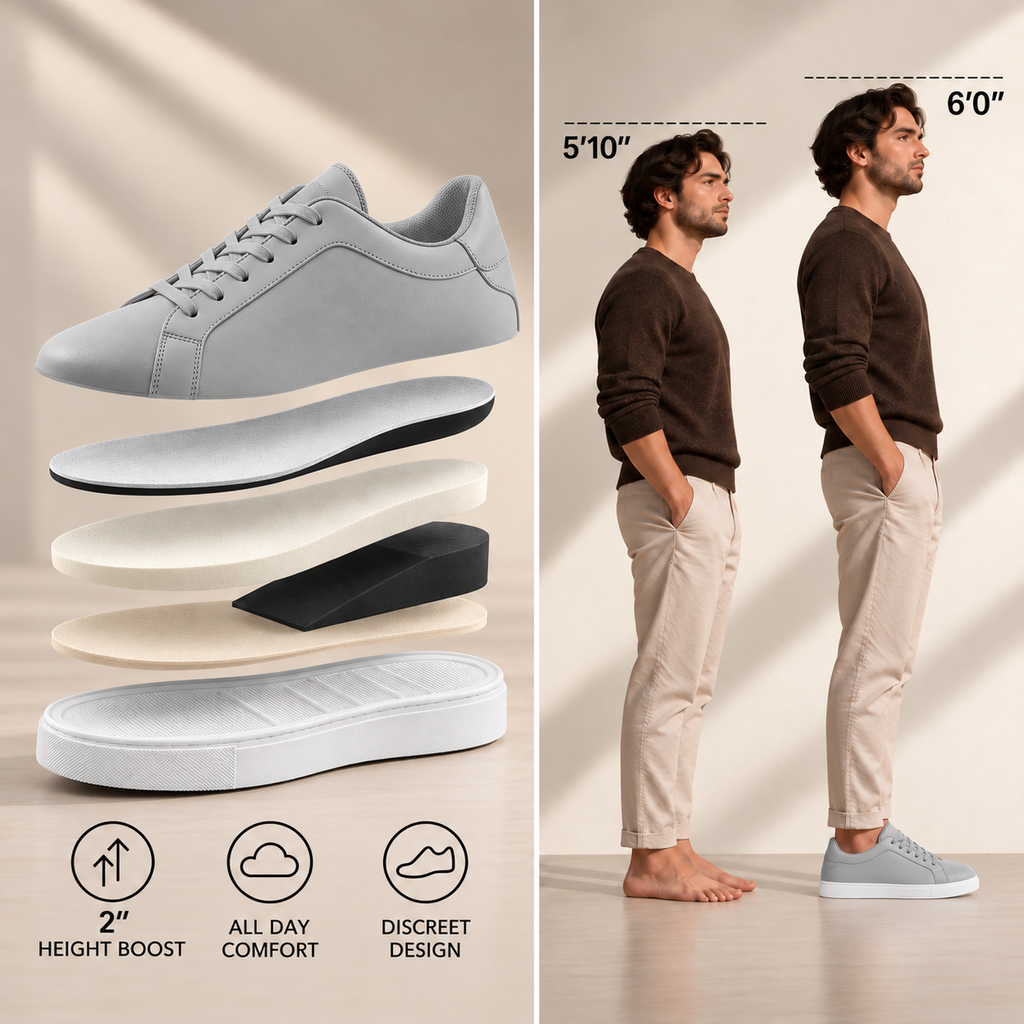 Mercury gray hidden 2-inch height boost, internal cushioning layers, and before-and-after height comparison