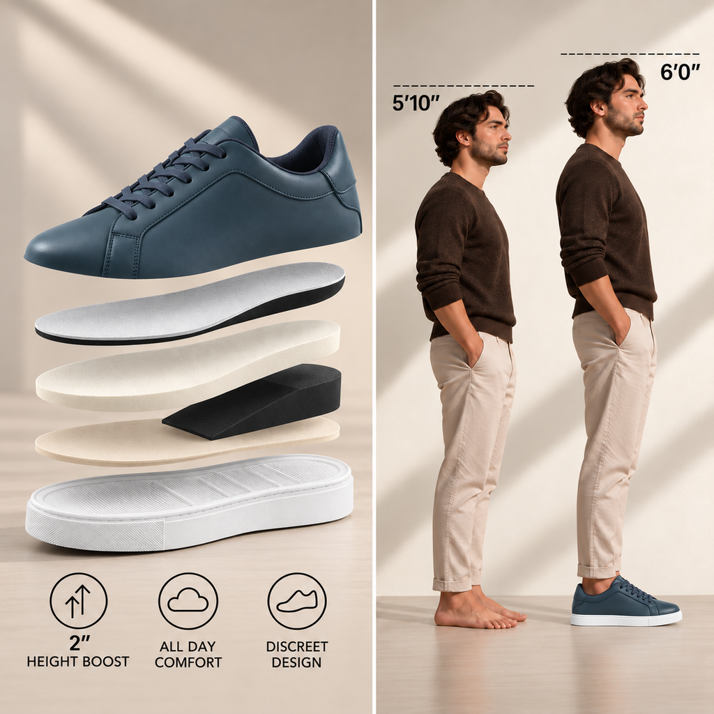 Mercury navy hidden 2-inch height boost, internal cushioning layers, and before-and-after height comparison
