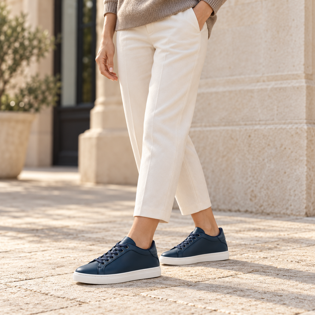 Woman wearing Kosen Mercury Navy elevator sneakers.
