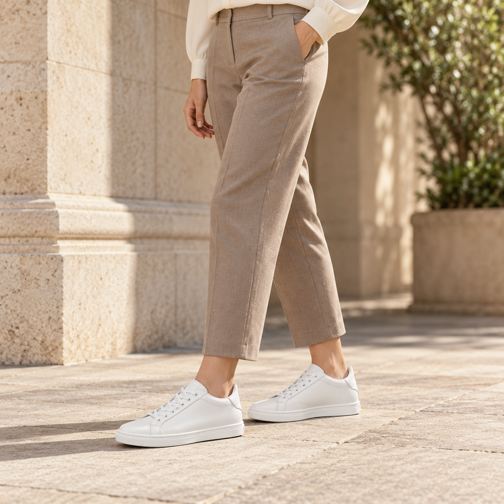 Woman wearing Kosen Mercury White elevator sneakers.
