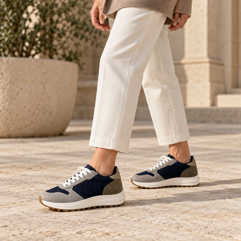 Woman wearing Kosen Saturn Navy elevator sneakers.