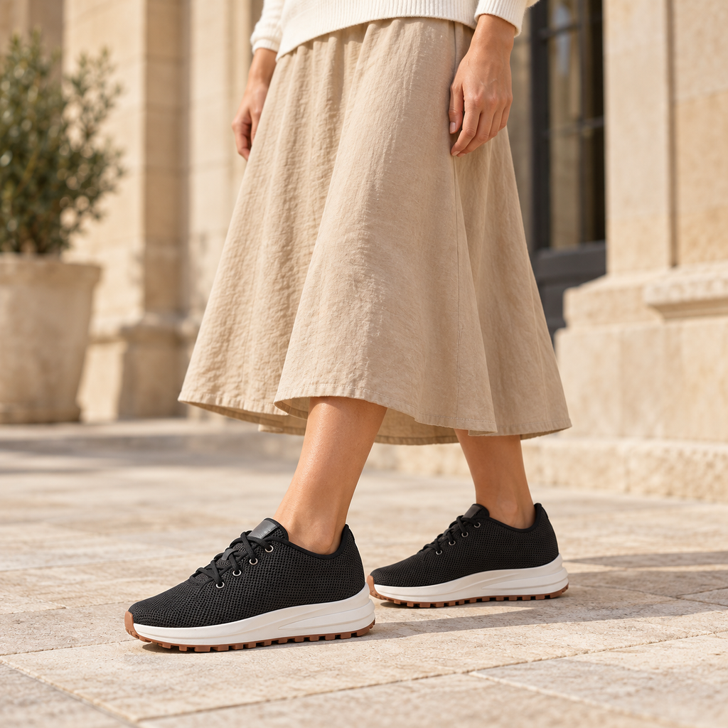 Woman wearing Kosen Venus Black elevator sneakers.
