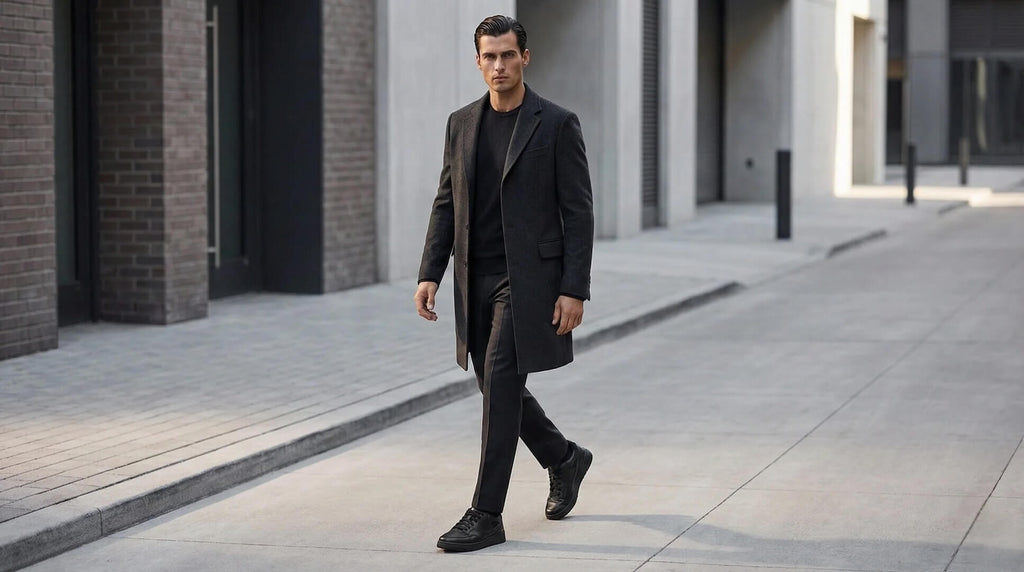 Man wearing Mars Black elevator sneakers with a long coat. Bold street style height boosting shoes for men.