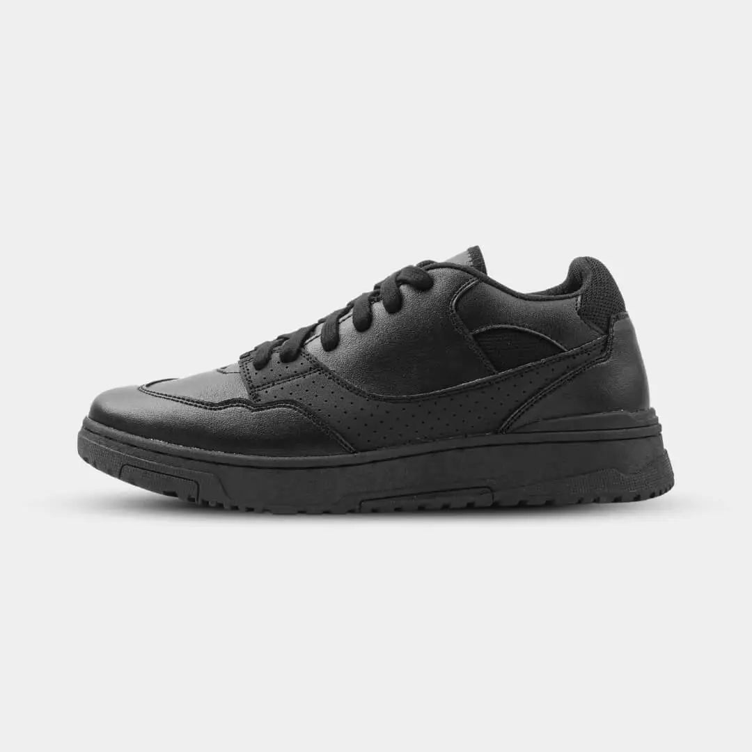 Side view of Mars Black elevator sneakers. Chunky black height increasing shoes with urban design.