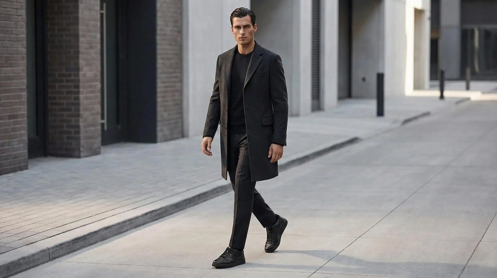 Man wearing Mars Black elevator sneakers with a long coat. Bold street style height boosting shoes for men.