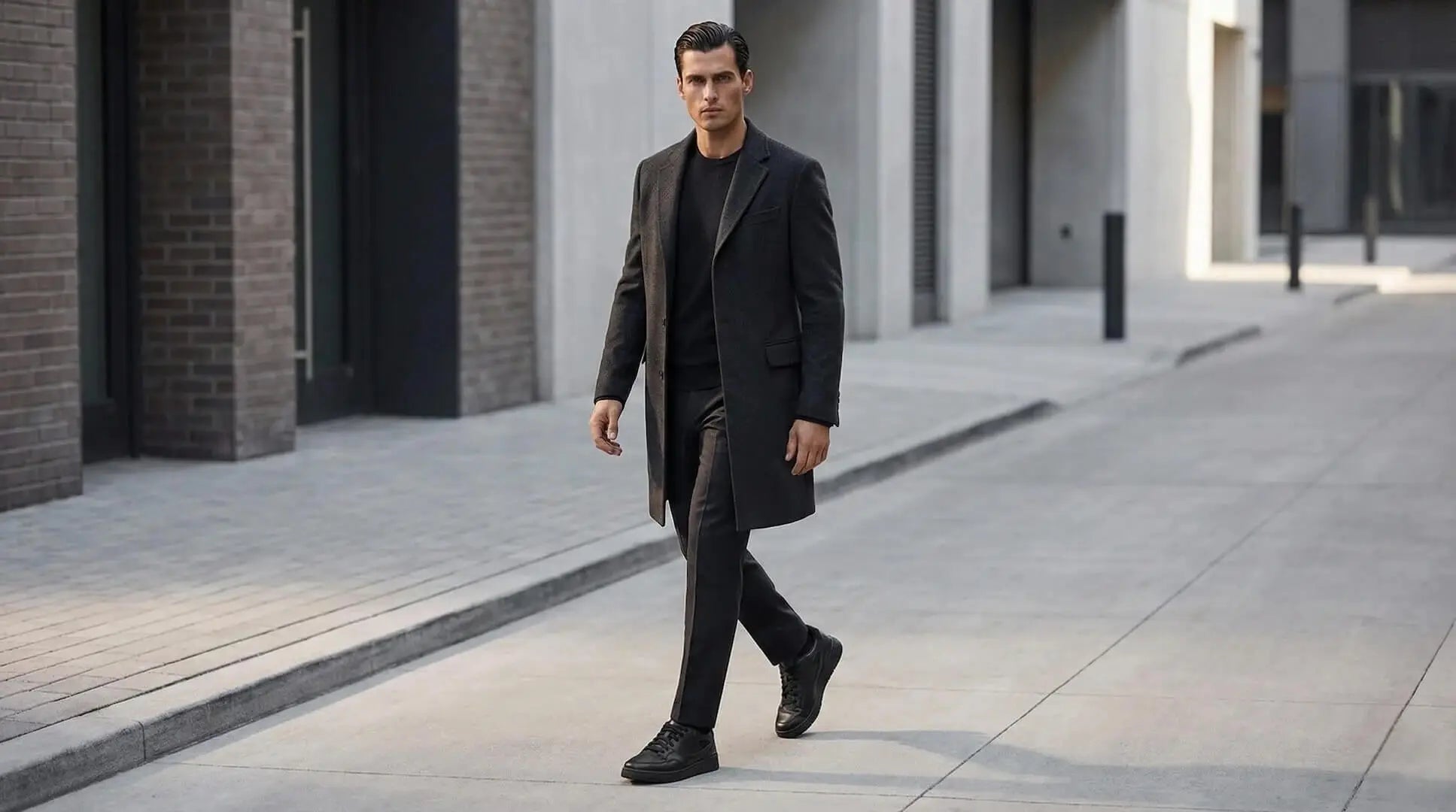Man wearing Mars Black elevator sneakers with a long coat. Bold street style height boosting shoes for men.