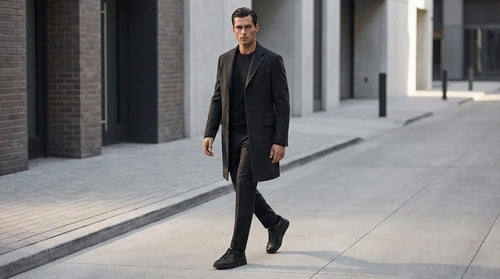 Man wearing Mars Black elevator sneakers with a long coat. Bold street style height boosting shoes for men.