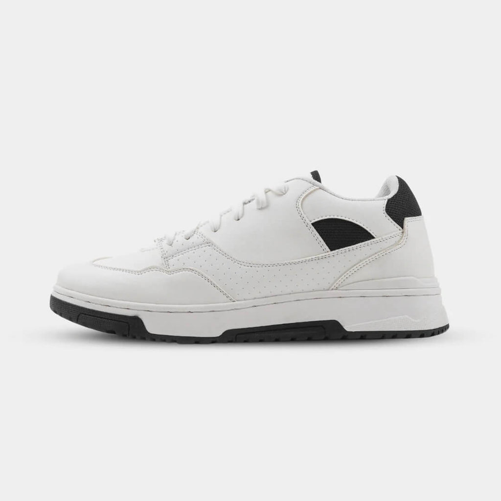 Side view of Mars White elevator sneakers. Chunky white height increasing shoes with black accents and urban design.