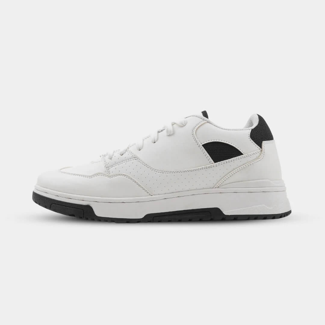 Side view of Mars White elevator sneakers. Chunky white height increasing shoes with black accents and urban design.