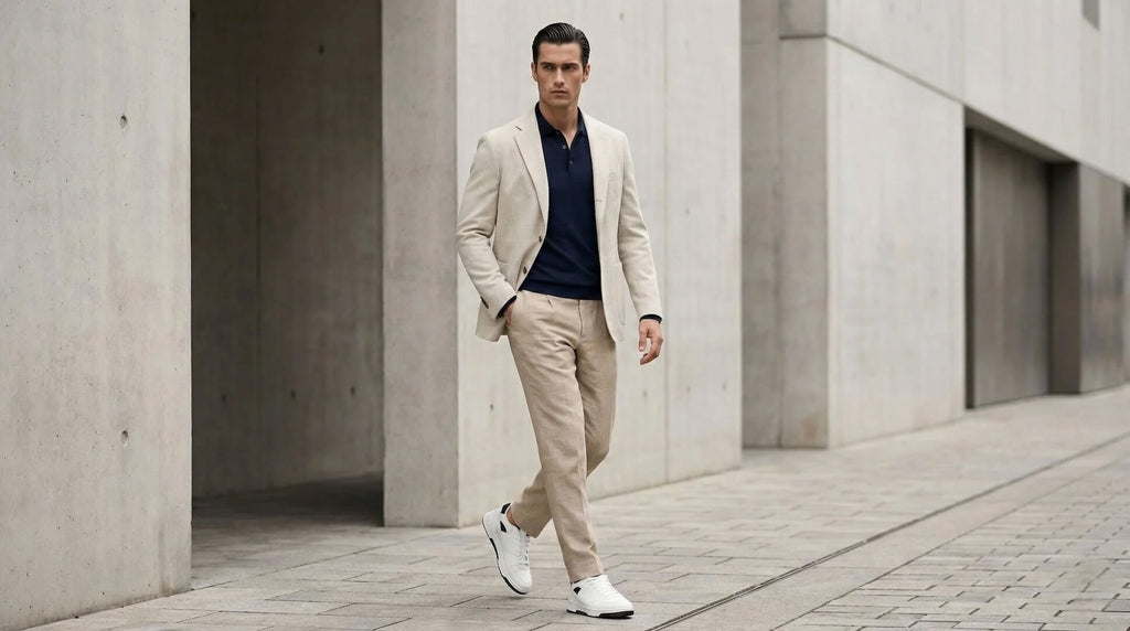 Man wearing Mars White elevator sneakers with a beige suit. Bold street style height boosting shoes for men.