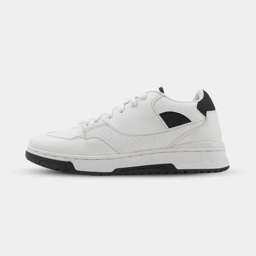 Side view of Mars White elevator sneakers. Chunky white height increasing shoes with black accents and urban design.