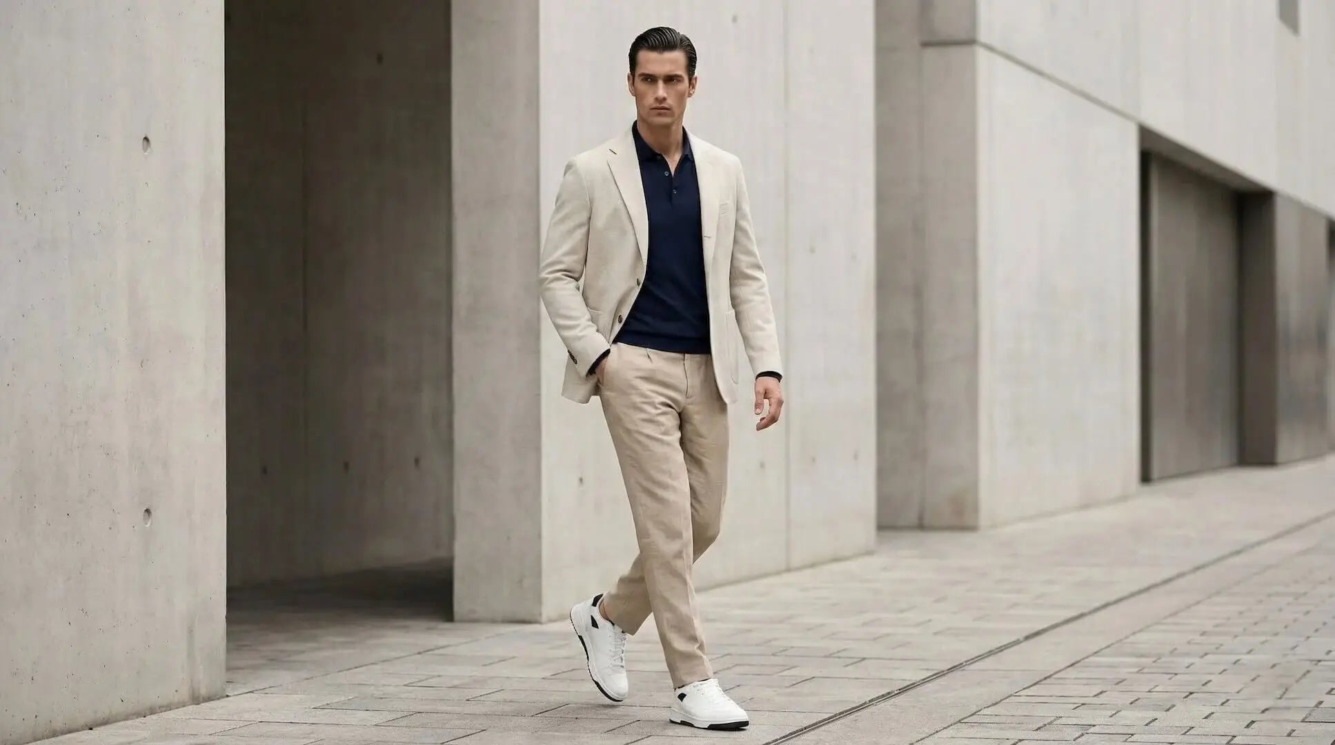Man wearing Mars White elevator sneakers with a beige suit. Bold street style height boosting shoes for men.