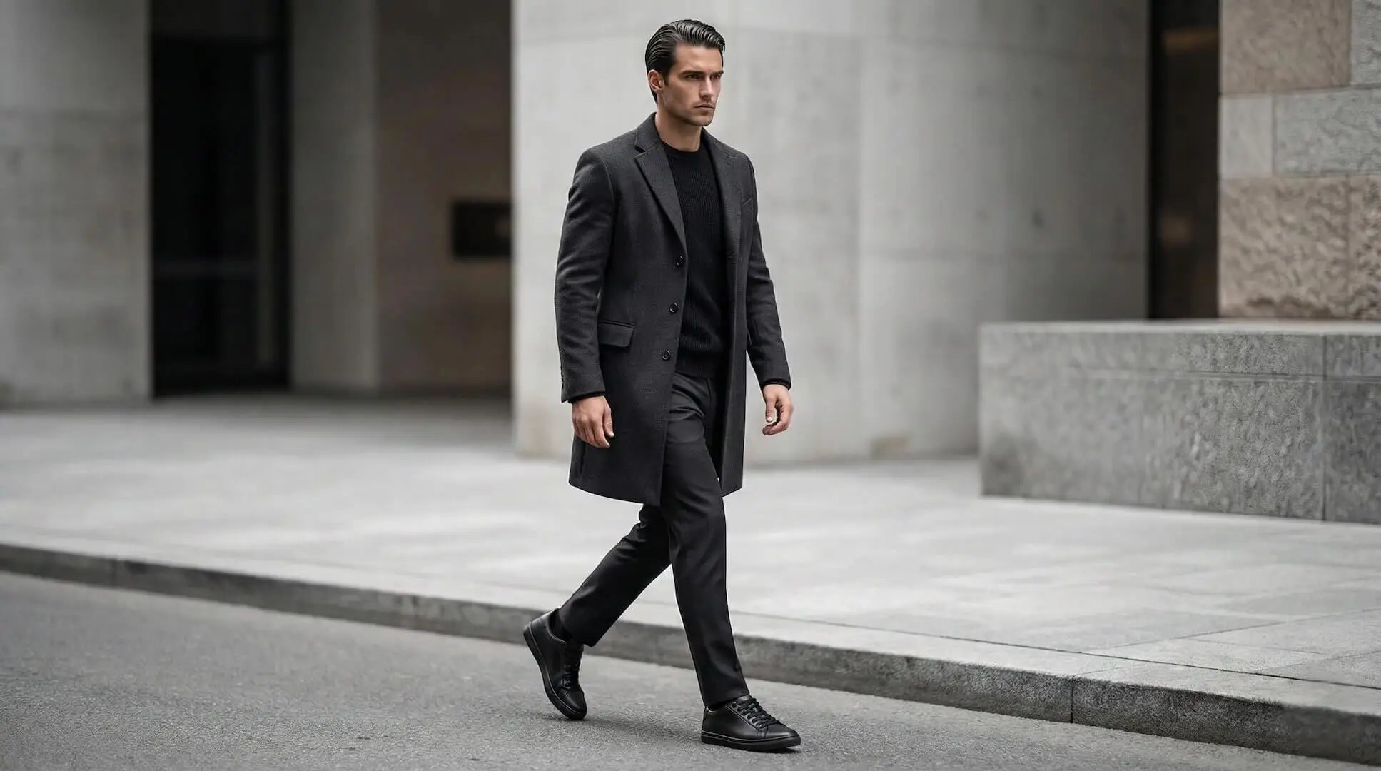 Man wearing Mercury All Black elevator sneakers with a long coat. Professional height boosting shoes for business casual outfits.