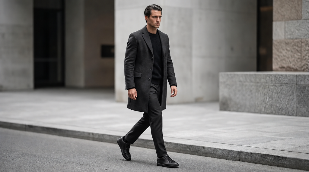 Man wearing Mercury All Black elevator sneakers with a long coat. Professional height boosting shoes for business casual outfits.