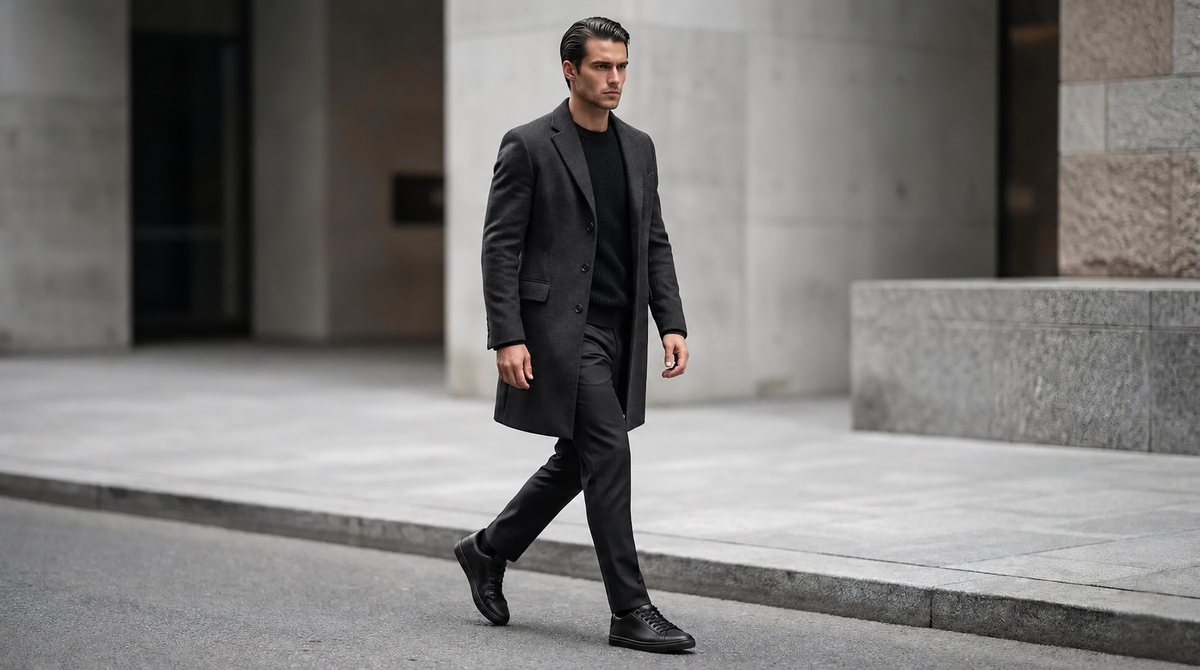 Man wearing Mercury All Black elevator sneakers with a long coat. Professional height boosting shoes for business casual outfits.