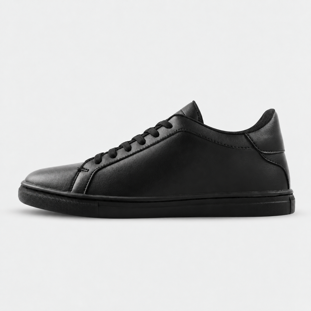 Side view of Kosen Mercury All Black elevator sneakers in a monochrome black low-top design.