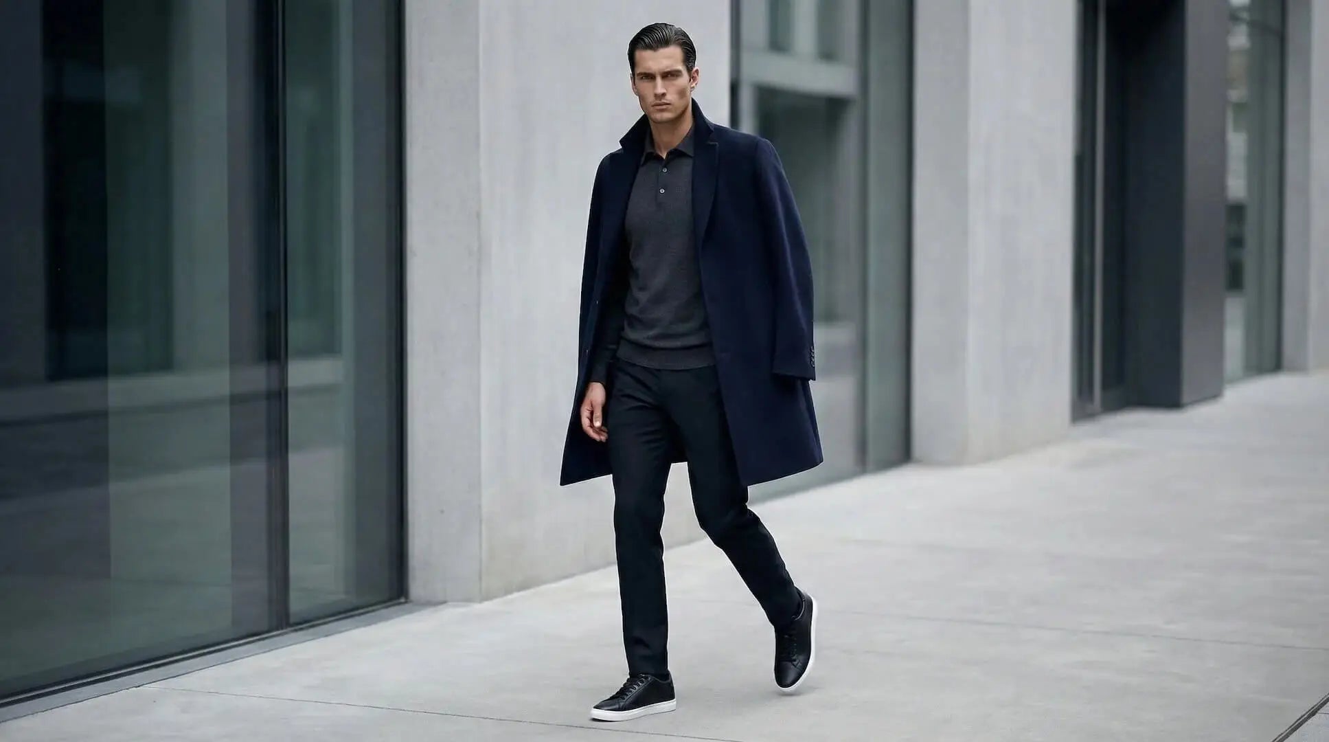 Man wearing Mercury Black elevator sneakers with a dark coat. Stylish height boosting shoes suitable for smart-casual outfits.