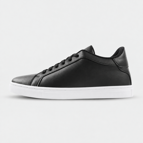 Side view of Kosen Mercury Black elevator sneakers with a black upper and white soles.